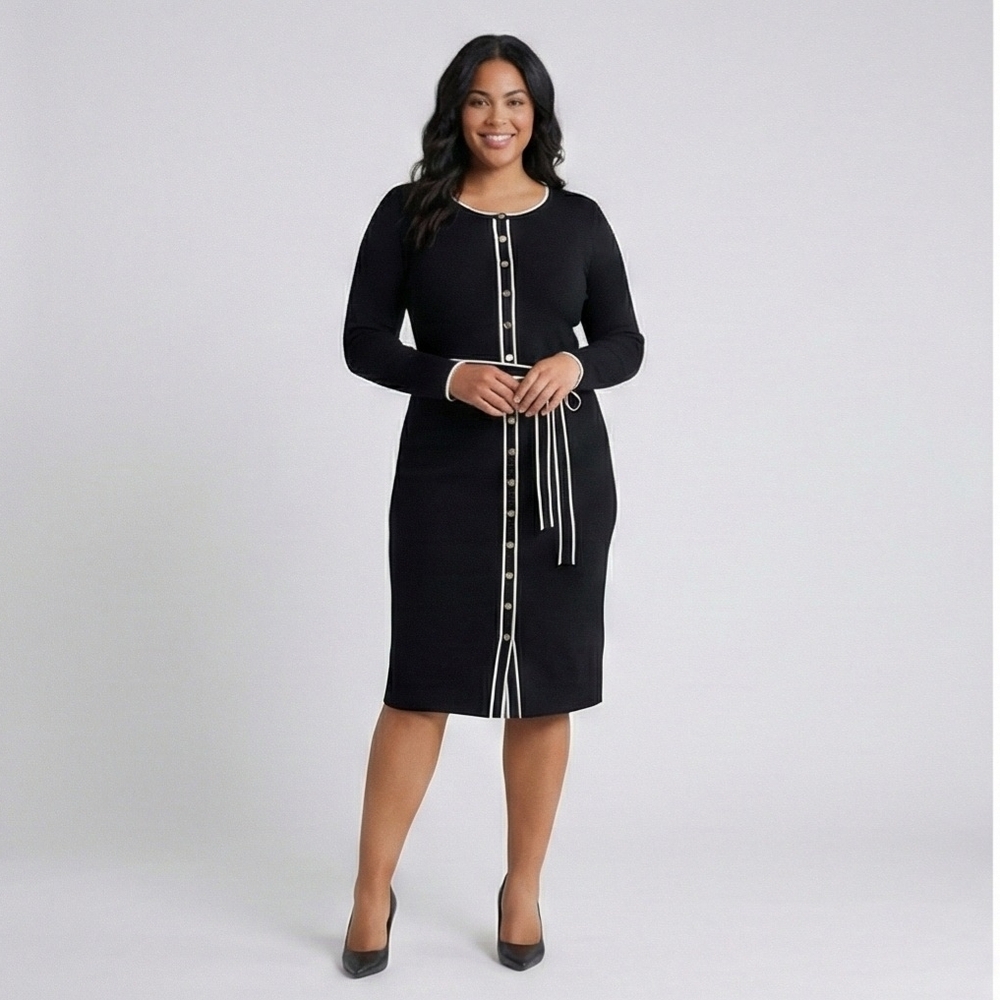 T Tahari Black White Trim Button Front Long Sleeve Dress XL NWT, MSRP $128